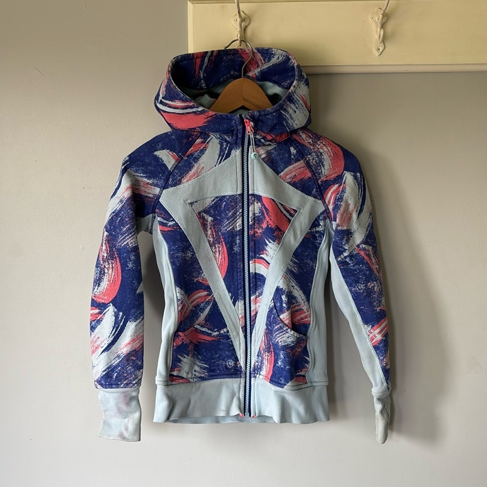 Ivivva Youth Size 12 Scuba Hoodie Blue Pink Stained Thick Athletic Sweater
